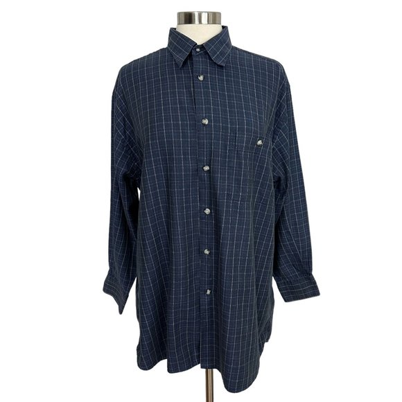 Johnston & Murphy Mens LARGE Blue Check 100% Cotton Casual Button Down Shirt - Picture 1 of 9
